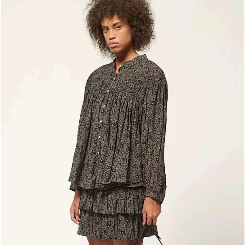 Isabel Marant Etoile Lalia Floral Pintuck Boho Prairie Blouse Black Size 40